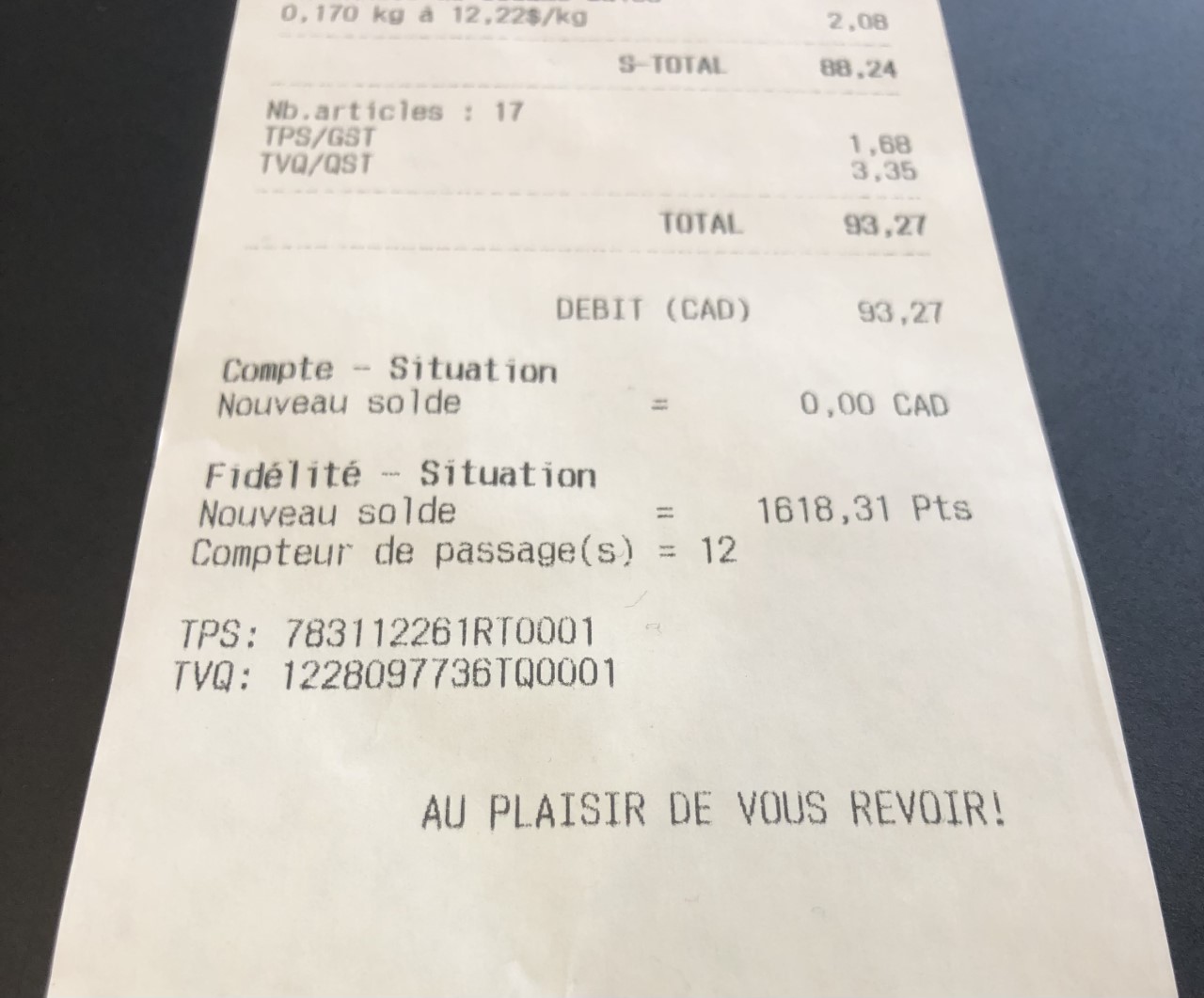 facture d'achat chez Bocaux & co. présentant le solde des points-fidélité accumulés au compte